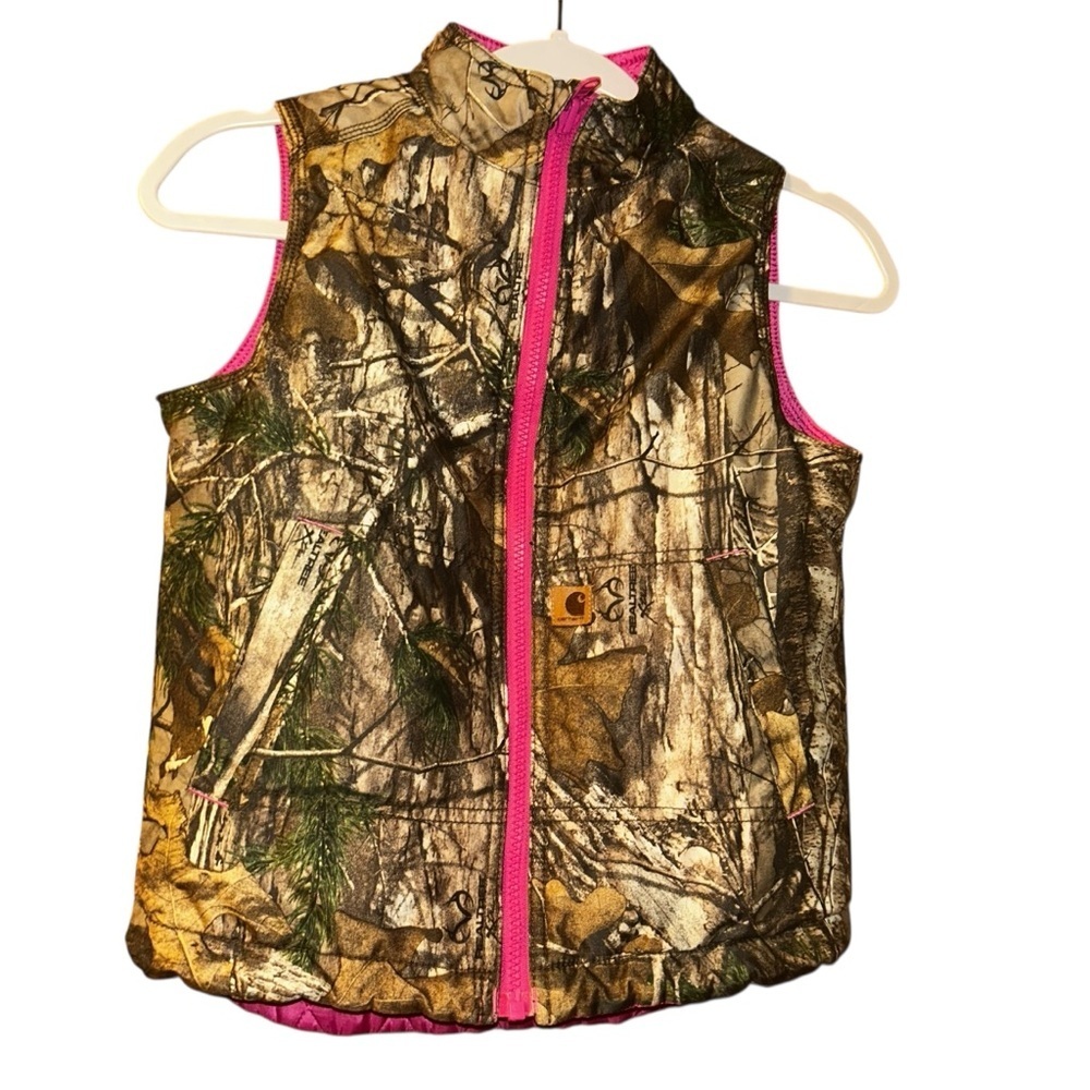 Carhartt girls camo realtree reversible pink quilt vest small 7/8 kids